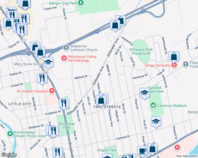map of restaurants, bars, coffee shops, grocery stores, and more near 160 Stillwater Avenue in Bangor