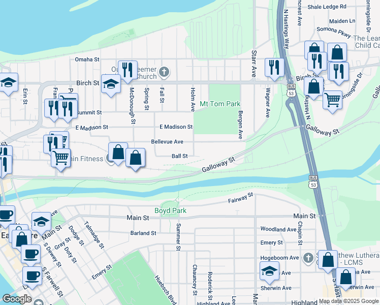 map of restaurants, bars, coffee shops, grocery stores, and more near 1802 Bellevue Avenue in Eau Claire