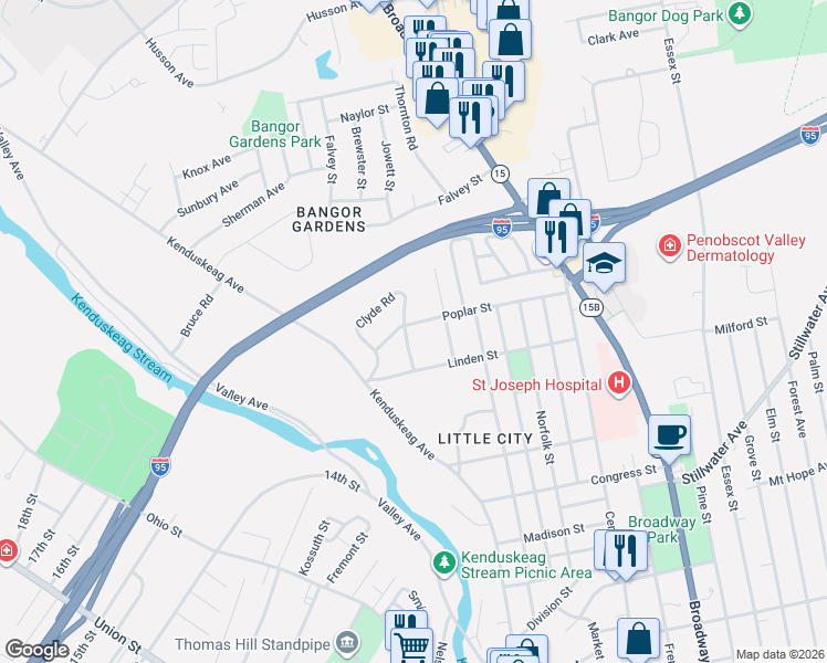 map of restaurants, bars, coffee shops, grocery stores, and more near 194 Nowell Road in Bangor