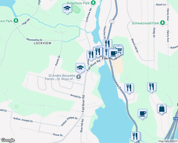 map of restaurants, bars, coffee shops, grocery stores, and more near 1423 Fall River Road in Fall River