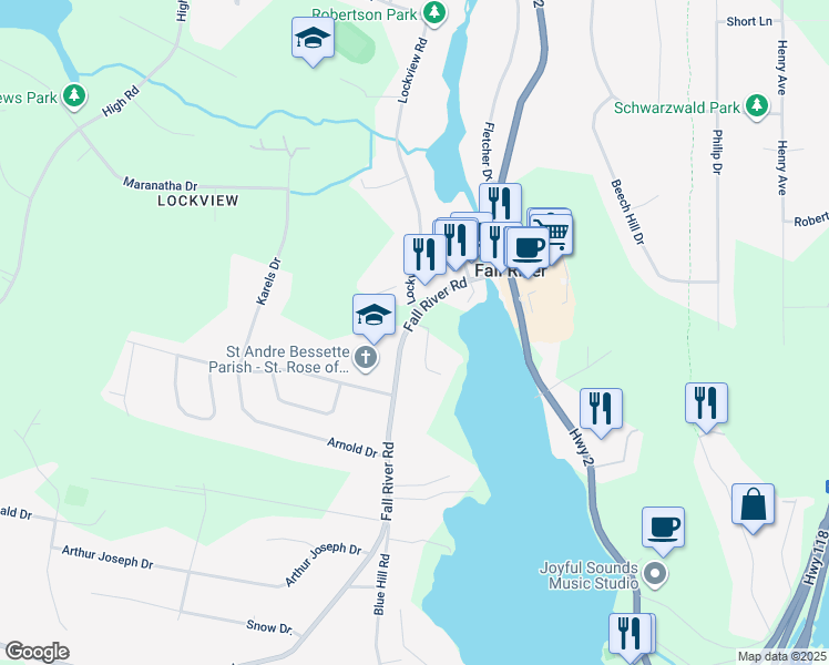 map of restaurants, bars, coffee shops, grocery stores, and more near 1423 Fall River Road in Fall River