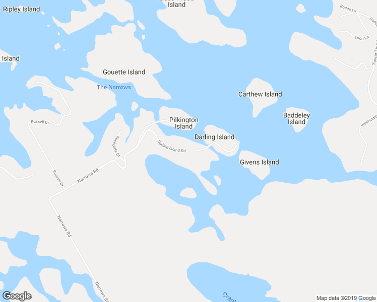 map of restaurants, bars, coffee shops, grocery stores, and more near Darling Island Road in Simcoe County