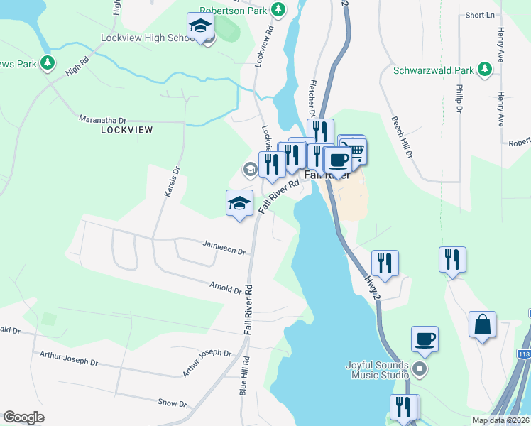map of restaurants, bars, coffee shops, grocery stores, and more near 1423 Fall River Road in Fall River