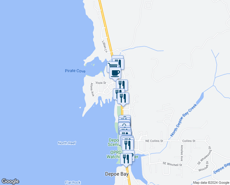 map of restaurants, bars, coffee shops, grocery stores, and more near 25 Northwest Sunset Street in Depoe Bay