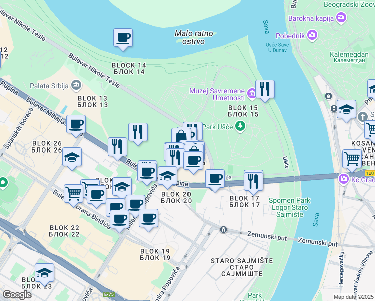 map of restaurants, bars, coffee shops, grocery stores, and more near in Beograd