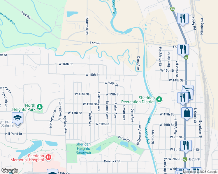 map of restaurants, bars, coffee shops, grocery stores, and more near 701-799 West 14th Street in Sheridan