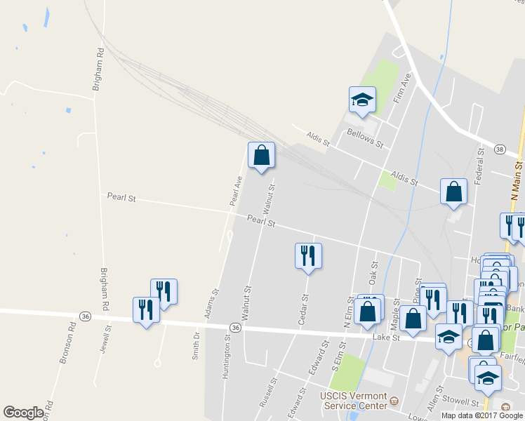 map of restaurants, bars, coffee shops, grocery stores, and more near 70 Walnut Street in Saint Albans City