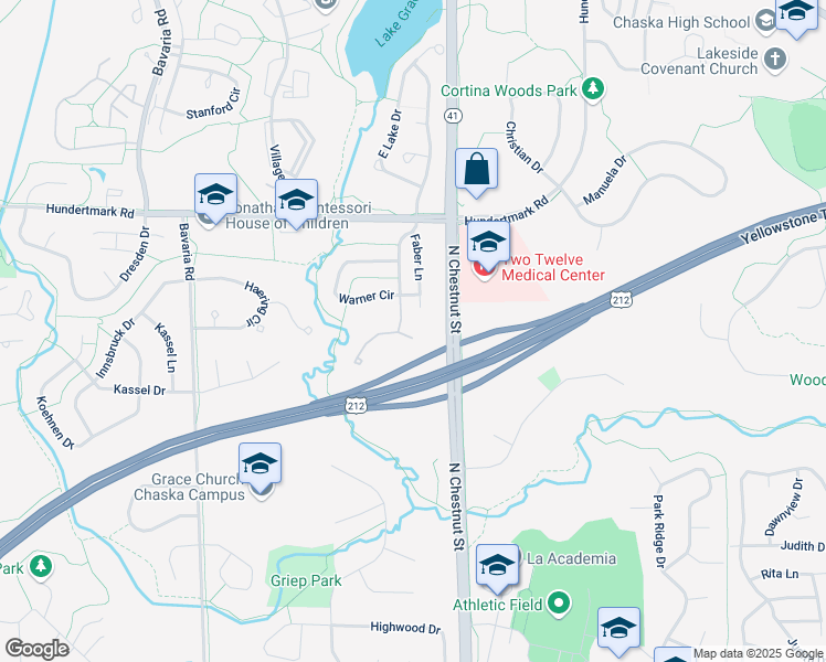 map of restaurants, bars, coffee shops, grocery stores, and more near 112007 Hidden Creek Place in Chaska