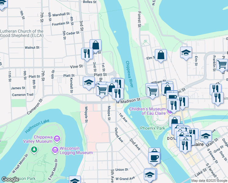 map of restaurants, bars, coffee shops, grocery stores, and more near 1700 North Oxford Avenue in Eau Claire