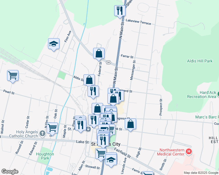 map of restaurants, bars, coffee shops, grocery stores, and more near 176 North Main Street in Saint Albans City