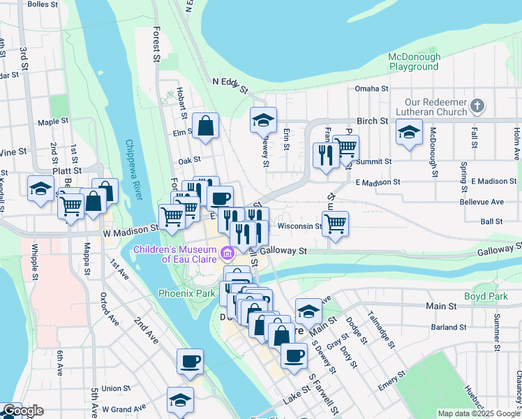 map of restaurants, bars, coffee shops, grocery stores, and more near 512 East Madison Street in Eau Claire