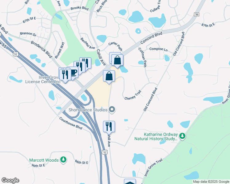 map of restaurants, bars, coffee shops, grocery stores, and more near 9165 Cahill Avenue in Inver Grove Heights