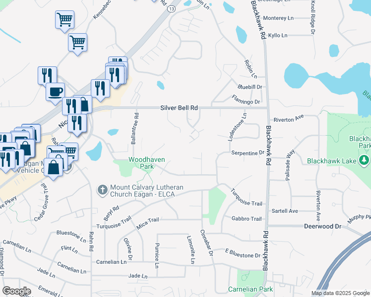 map of restaurants, bars, coffee shops, grocery stores, and more near 3857 Heather Drive in Eagan
