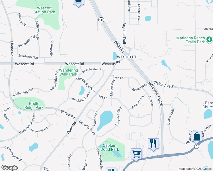 map of restaurants, bars, coffee shops, grocery stores, and more near 3958 Worchester Drive in Eagan