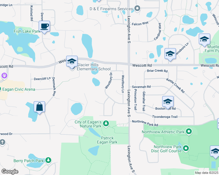 map of restaurants, bars, coffee shops, grocery stores, and more near 3861 Westbury Drive in Eagan