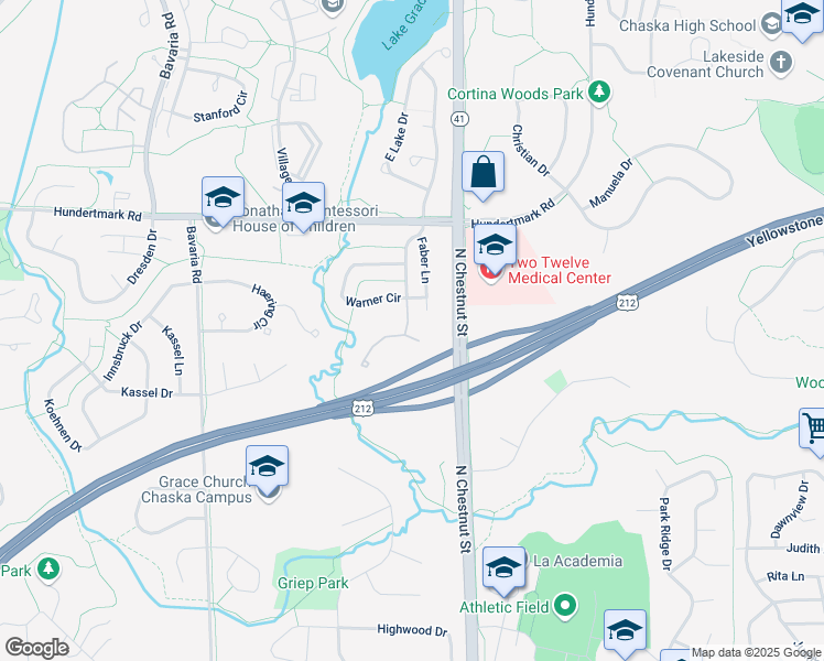 map of restaurants, bars, coffee shops, grocery stores, and more near 112007 Hidden Creek Place in Chaska