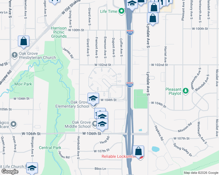 map of restaurants, bars, coffee shops, grocery stores, and more near 10310 Devonshire Road in Bloomington