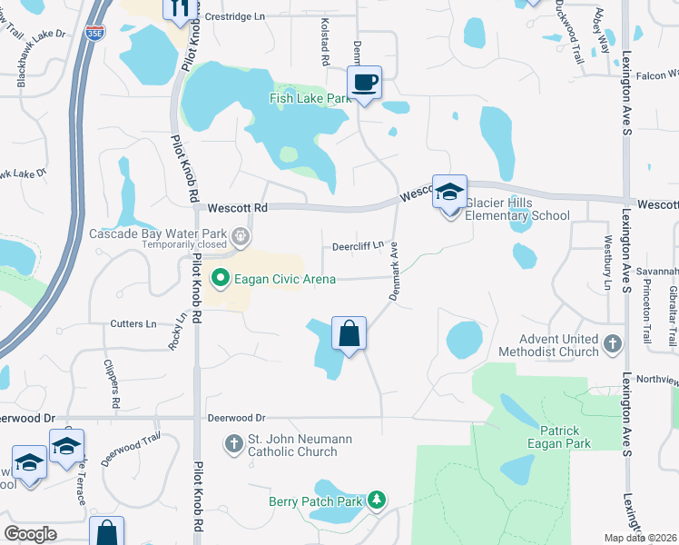 map of restaurants, bars, coffee shops, grocery stores, and more near 1314 Deercliff Lane in Eagan
