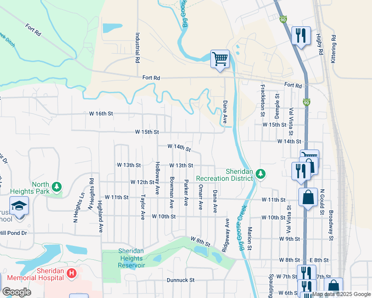 map of restaurants, bars, coffee shops, grocery stores, and more near 701 West 14th Street in Sheridan