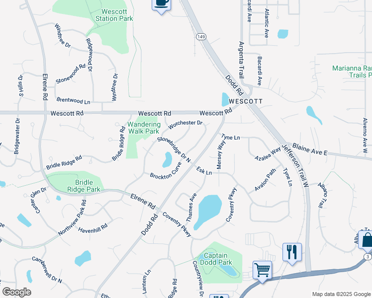 map of restaurants, bars, coffee shops, grocery stores, and more near 3967 Worchester Drive in Eagan
