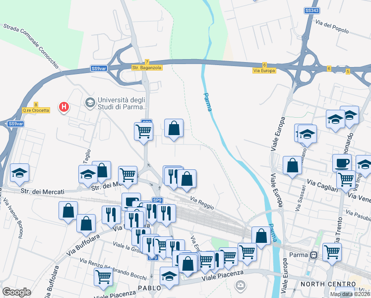 map of restaurants, bars, coffee shops, grocery stores, and more near 9 Via Giuseppe Giusti in Parma