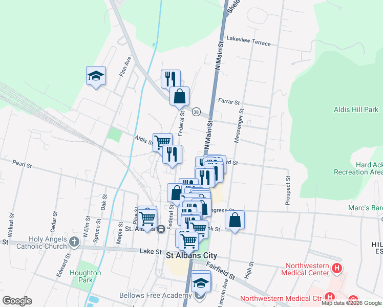 map of restaurants, bars, coffee shops, grocery stores, and more near 176 North Main Street in Saint Albans City