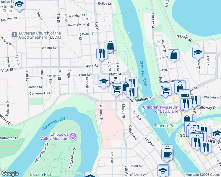 map of restaurants, bars, coffee shops, grocery stores, and more near 1715 Babcock Street in Eau Claire
