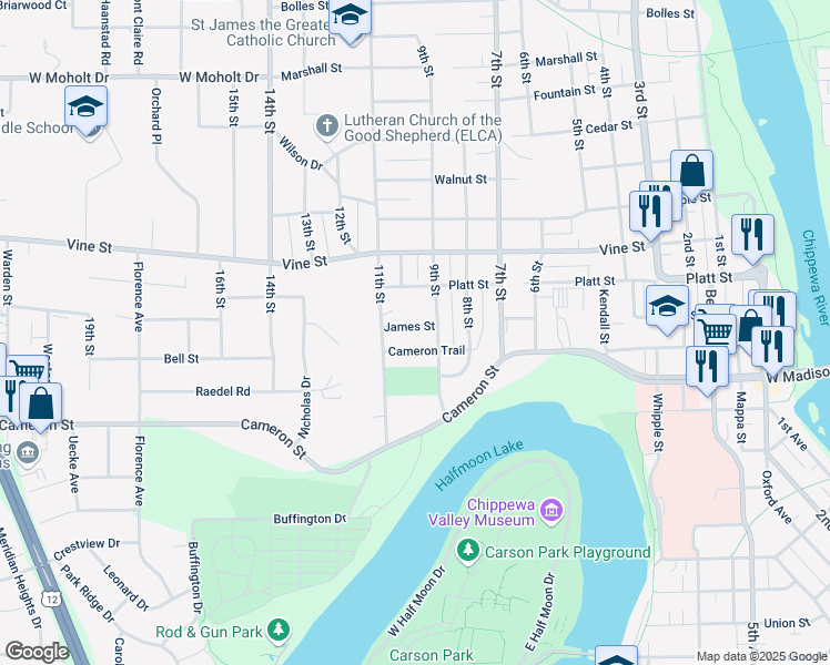 map of restaurants, bars, coffee shops, grocery stores, and more near 917 James Street in Eau Claire