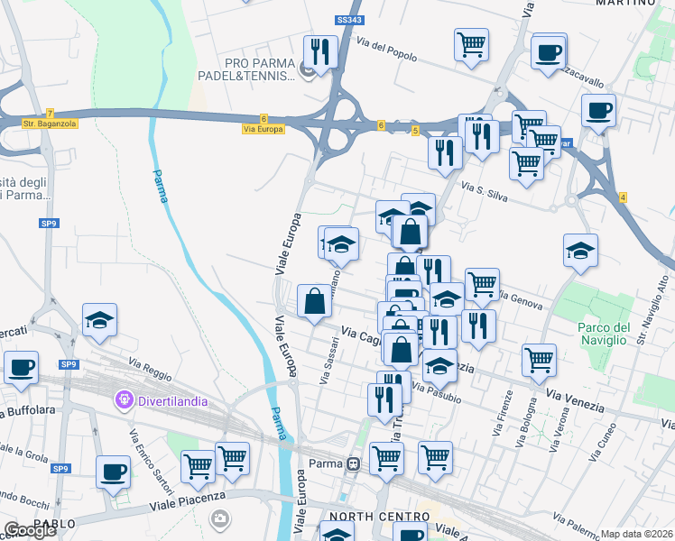 map of restaurants, bars, coffee shops, grocery stores, and more near Via Francesco Saverio Bianchi in Parma