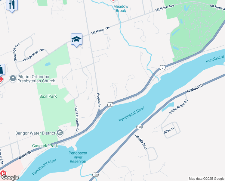 map of restaurants, bars, coffee shops, grocery stores, and more near 834 State Street in Bangor
