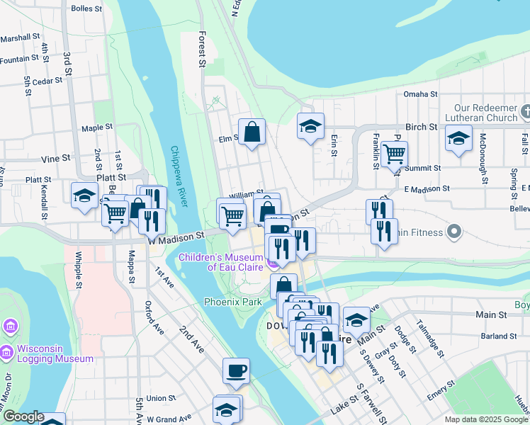 map of restaurants, bars, coffee shops, grocery stores, and more near 419 North Barstow Street in Eau Claire