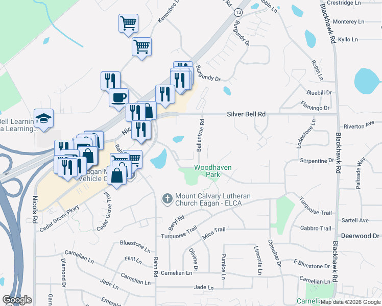 map of restaurants, bars, coffee shops, grocery stores, and more near 1983 Gold Trail in Eagan