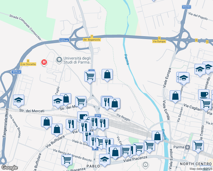 map of restaurants, bars, coffee shops, grocery stores, and more near 7-9 Via Giuseppe Giusti in Parma
