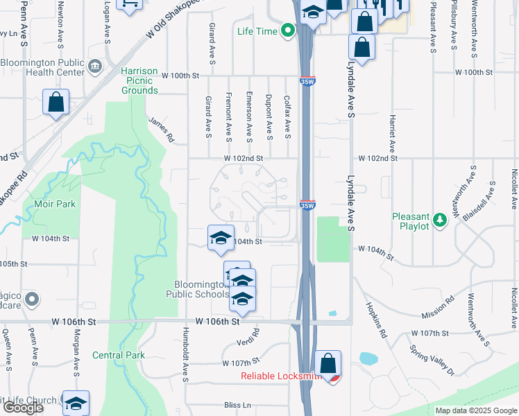 map of restaurants, bars, coffee shops, grocery stores, and more near 10300 Devonshire Circle in Bloomington