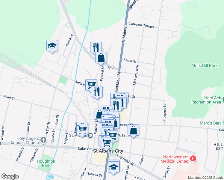 map of restaurants, bars, coffee shops, grocery stores, and more near 176 North Main Street in Saint Albans City