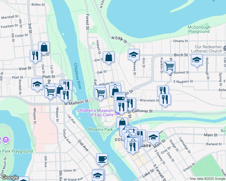 map of restaurants, bars, coffee shops, grocery stores, and more near 421 Hobart Street in Eau Claire