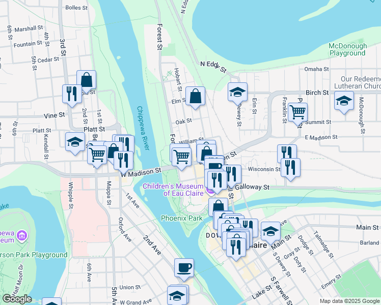 map of restaurants, bars, coffee shops, grocery stores, and more near 421 Hobart Street in Eau Claire