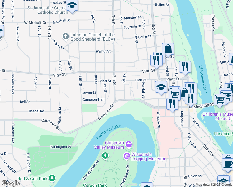 map of restaurants, bars, coffee shops, grocery stores, and more near 1732 7th Street in Eau Claire