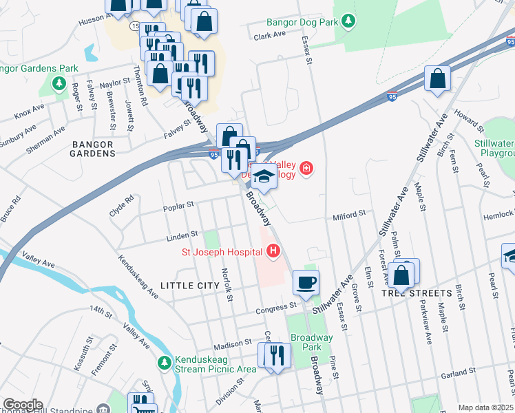 map of restaurants, bars, coffee shops, grocery stores, and more near 435 Broadway in Bangor