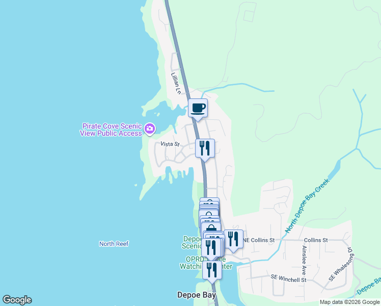 map of restaurants, bars, coffee shops, grocery stores, and more near 25 Northwest Sunset Street in Depoe Bay