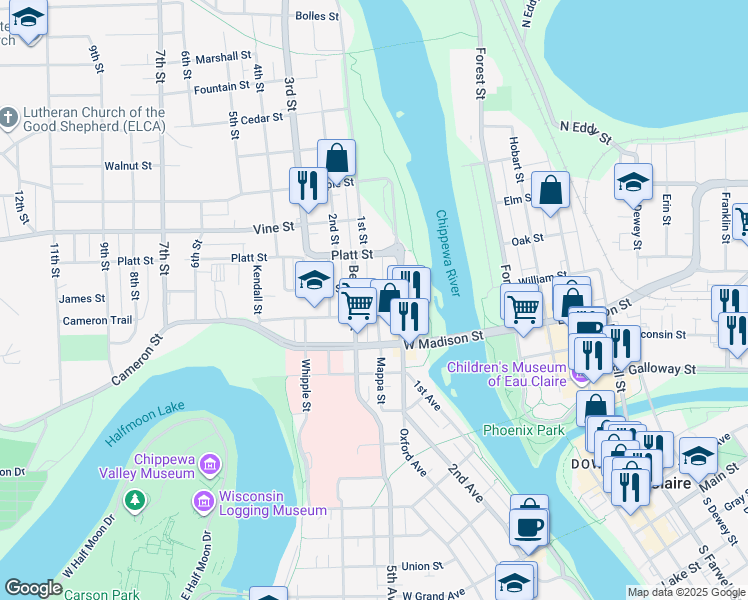 map of restaurants, bars, coffee shops, grocery stores, and more near 1716 Mappa Street in Eau Claire