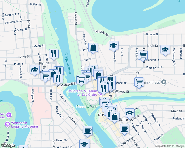 map of restaurants, bars, coffee shops, grocery stores, and more near 421 Hobart Street in Eau Claire