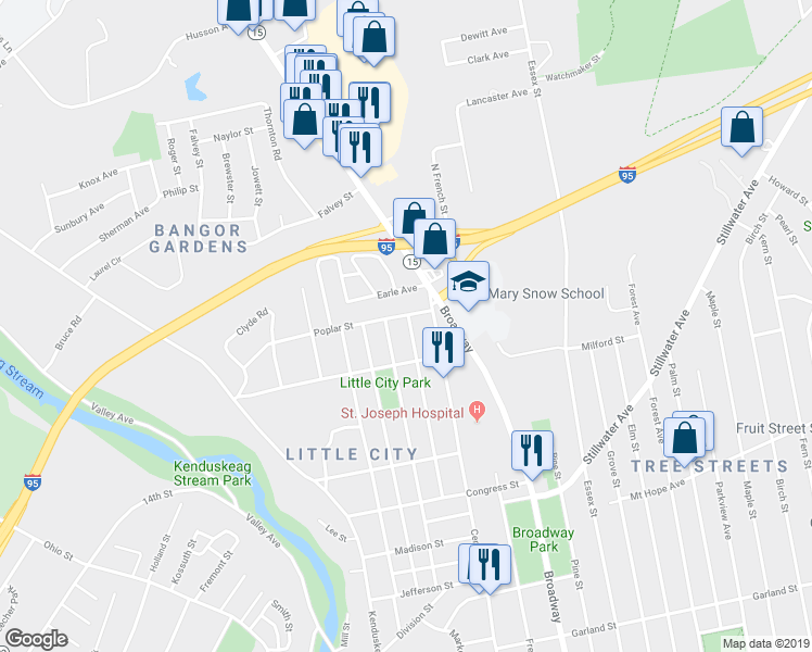 map of restaurants, bars, coffee shops, grocery stores, and more near 140 Grant Street in Bangor