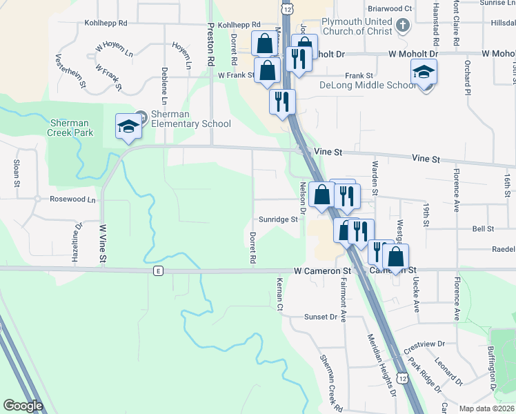 map of restaurants, bars, coffee shops, grocery stores, and more near 1709 Dorret Road in Eau Claire