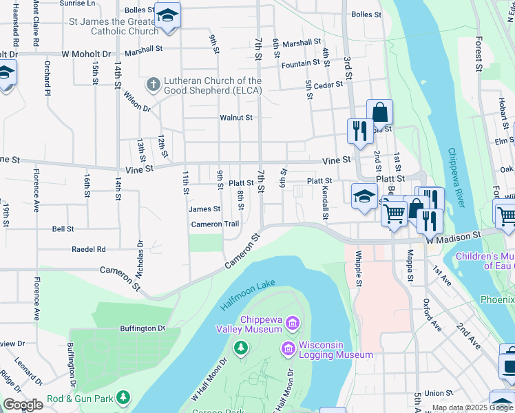 map of restaurants, bars, coffee shops, grocery stores, and more near 1732 7th Street in Eau Claire