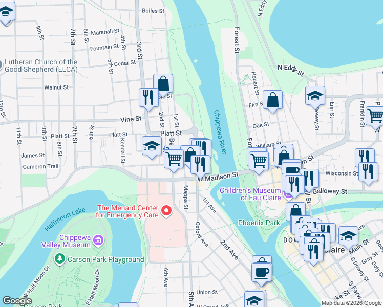 map of restaurants, bars, coffee shops, grocery stores, and more near 1750 North Oxford Avenue in Eau Claire