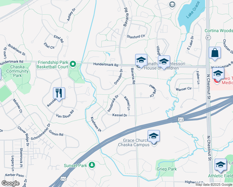 map of restaurants, bars, coffee shops, grocery stores, and more near 572 Innsbruck Drive in Chaska