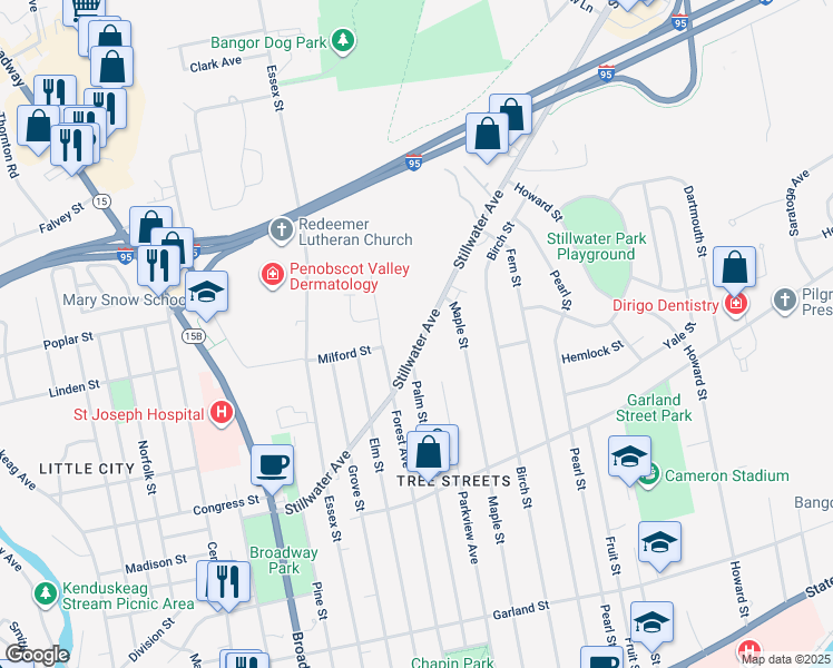 map of restaurants, bars, coffee shops, grocery stores, and more near 160 Stillwater Avenue in Bangor