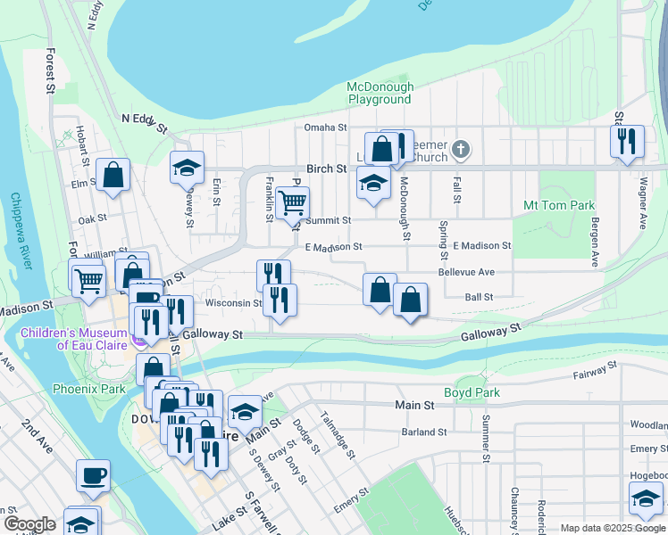 map of restaurants, bars, coffee shops, grocery stores, and more near 1105 Bellevue Avenue in Eau Claire