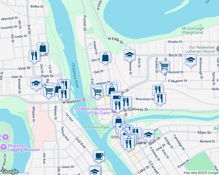 map of restaurants, bars, coffee shops, grocery stores, and more near 421 Hobart Street in Eau Claire